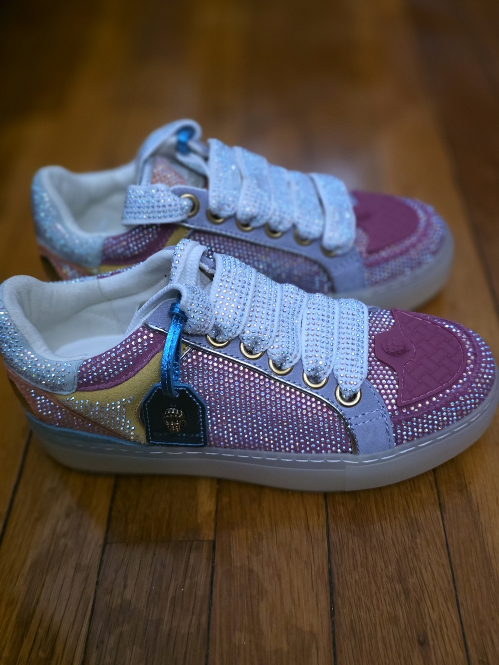Kurt Geiger Womens Leather Glitter Sneakers - Pink, White & Gold